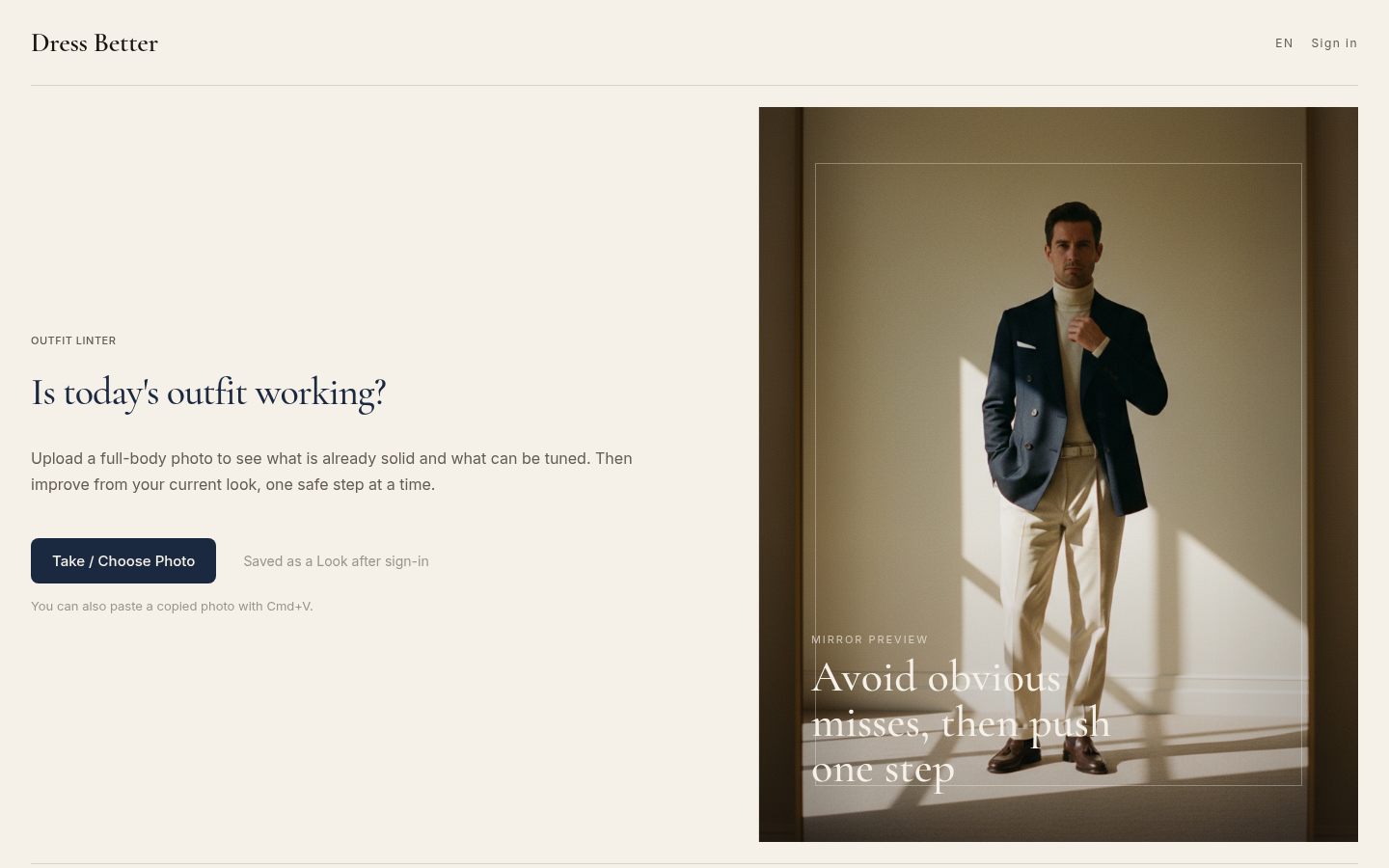 Desktop homepage first screen showing Outfit Linter eyebrow, "Is today's outfit working?" heading, Take/Choose Photo CTA button, and menswear editorial mirror preview image. Englis