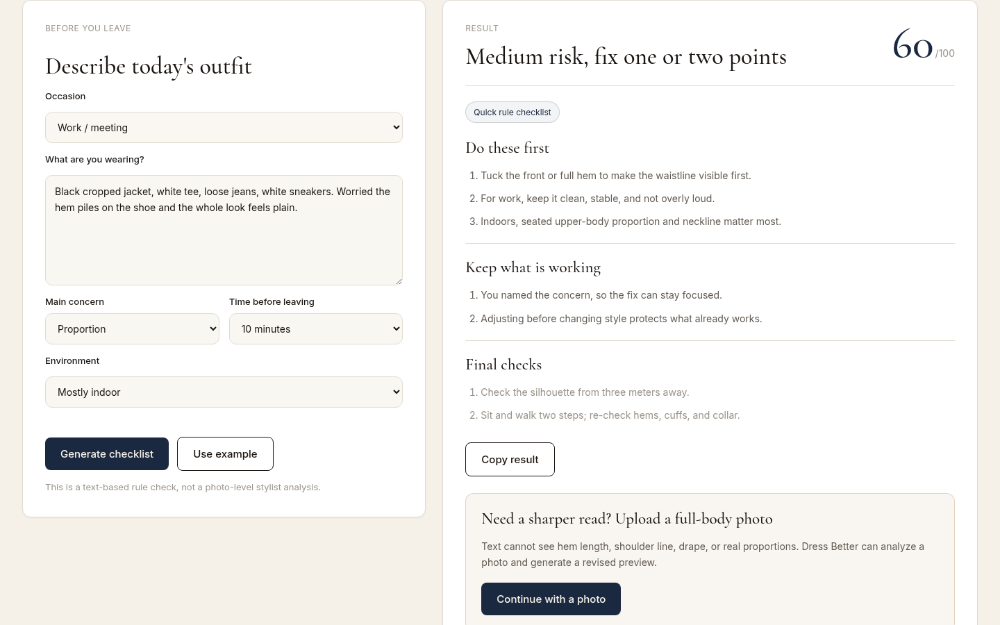 After submitting example outfit description. Shows 'Medium risk, fix one or two points', 60/100 score, 'Do these first' and 'Keep what is working' actionable lists. en-US.
